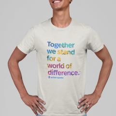 Together we stand for a world of difference text on a vintage white t-shirt