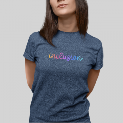Rainbow script "inclusion" on heather demin t-shirt