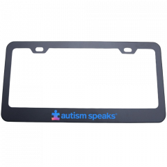 black license plate frame with Autism Speaks logo