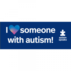 I heart someone with Autism, white lettering on blue background. 