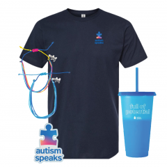 Supporter Gift Set includes an Autism Speaks logo t-shirt, 2 string bracelets, a 24oz color changing tumbler, and an Autism Speaks window cling.