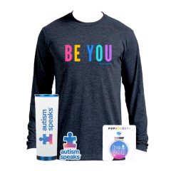 Biggest Fan Gift Set includes Be You long sleeve t-shirt, 24oz tumbler, Be You popsocket, and an autism speaks window cling