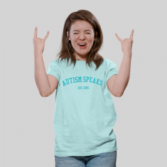 heather pure blue shirt with teal Autism Speaks Est. 2005 text
